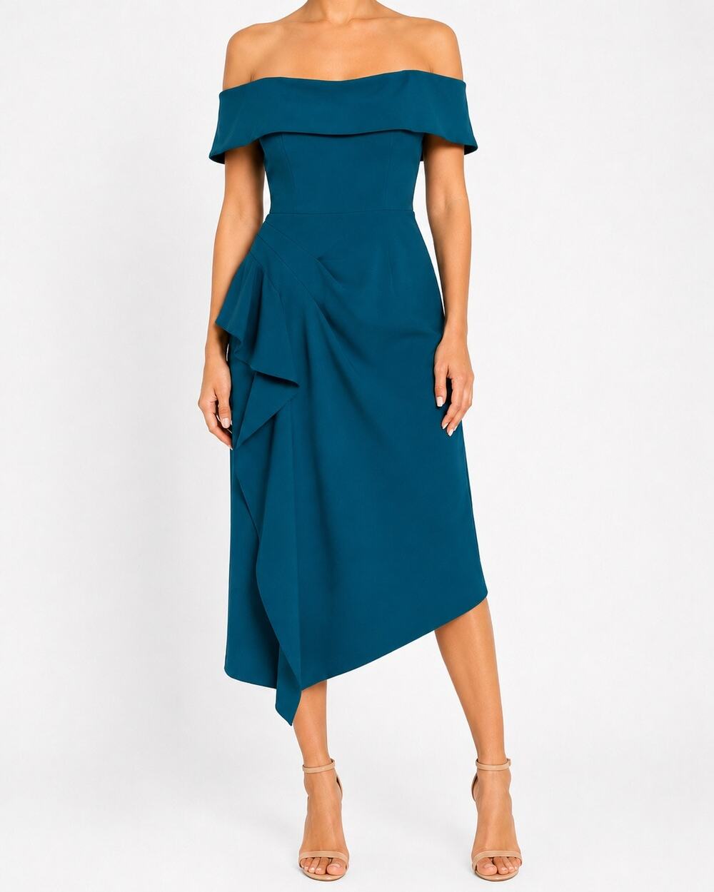 New Betsy & Adam Teal Off Shoulder Ruffle Midi Cocktail Dress Size 8 $169